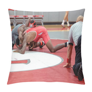 Personality  Athletic Male Wrestlers Competing At A Wrestling Meet. Pillow Covers