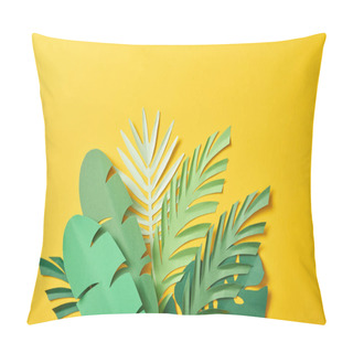 Personality  Bunch Of Paper Cut Exotic Green Palm Leaves On Yellow Background With Copy Space Pillow Covers