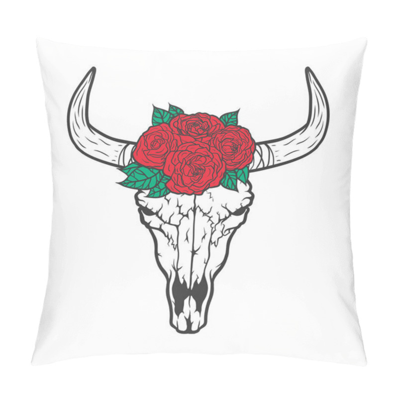 Personality  Bull skull with roses native Americans tribal style. Dotted Tattoo blackwork. Vector hand drawn illustration. Boho design pillow covers