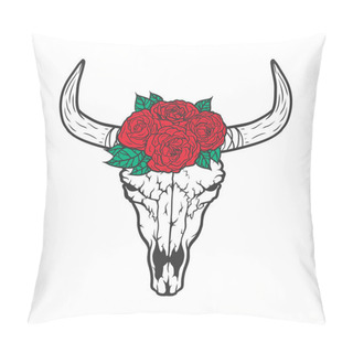 Personality  Bull Skull With Roses Native Americans Tribal Style. Dotted Tattoo Blackwork. Vector Hand Drawn Illustration. Boho Design Pillow Covers