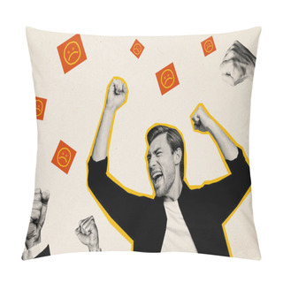 Personality  Sketch Image Composite Trend Artwork 3D Photo Collage Of Black White Young Excited Man Rise Hand Fist Up Success Protest Rebel Resistance. Pillow Covers