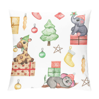 Personality  Watercolor New Year Animals Seamless Pattern, Christmas Cute Animals In Hat Background, Hand Drawn Christmas Wallpaper, New Year Baby Pattern, Kids Wallpaper, Wild Animals In Christmas Hats, Textile Pattern Design, Baby Print, Christmas Design Pillow Covers