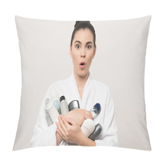 Personality  Excited Woman In Bathrobe Holding Different Deodorants While Looking At Camera Isolated On Grey Pillow Covers
