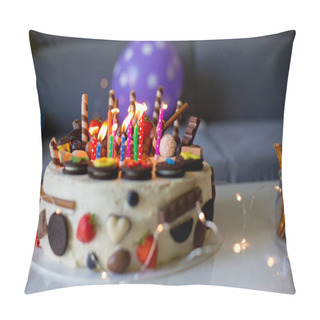 Personality  Homemade Birthday Cake With Lots Of Chocolate On Top, Cookies And Strawberries, Indoors Pillow Covers