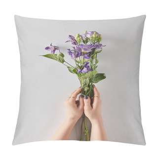 Personality  Cropped View Of Woman Holding Violet Flowers On White Background Pillow Covers