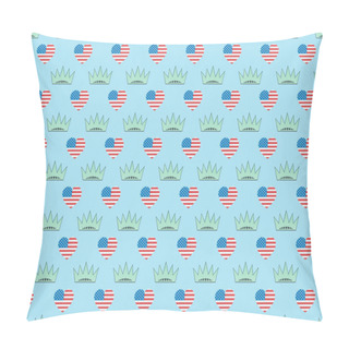 Personality  Seamless Background Pattern With Hearts Made Of Us Flags And Crowns On Blue, Independence Day Concept Pillow Covers
