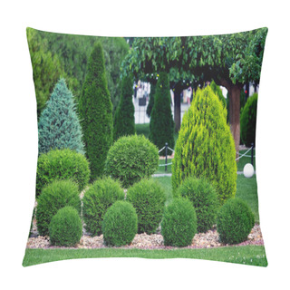 Personality  Landscape Bed Of Landscaped Park Growth By Row Arborvitae Bushes By Eco Rock Mulch Path On A Spring  Day Yard Details With Green Lawn And Trees, Nobody. Pillow Covers