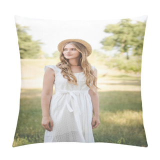 Personality  Beautiful Girl With Straw Hat And White Dress Standing On Meadow And Looking Away Pillow Covers