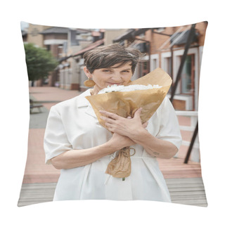 Personality  Elderly Woman Holding Bouquet Of Flowers And Looking At Camera, Urban Backdrop, Summer, White Outfit Pillow Covers