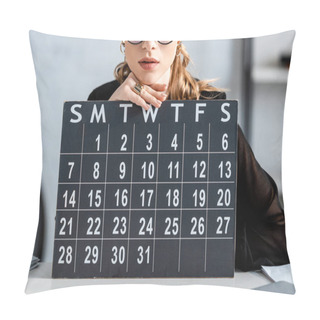 Personality  Businesswoman In Black Clothes And Glasses Holding Calendar  Pillow Covers
