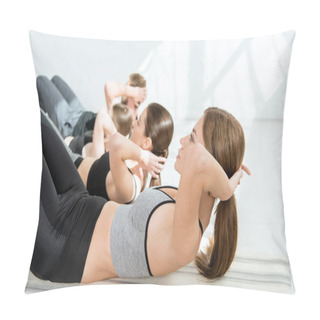 Personality  Selective Focus Of Attractive Girl Practicing Yoga While Doing Press Ups  Pillow Covers