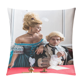 Personality  Selective Focus Of Victorian Girl In Wig Standing Near Handsome Pompous Man Holding Feather Near Paper  Pillow Covers
