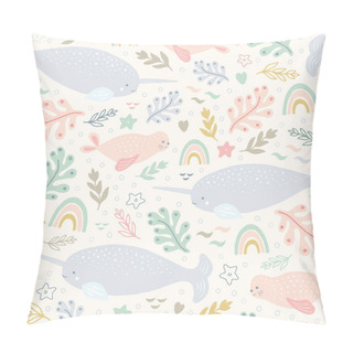 Personality  Narwhal Pattern. Vector Sea Life Seamless Repeat Design With Rainbows. Pillow Covers