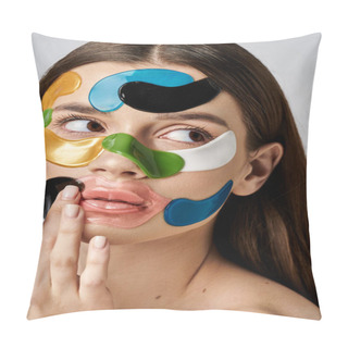 Personality  A Young Woman With Eye Patches On Her Face Holds Her Hand Up, Showcasing Bold Makeup And Artistic Expression. Pillow Covers