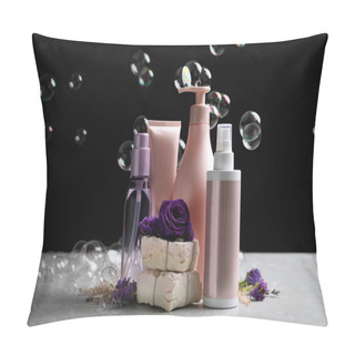 Personality  Set Of Hair Cosmetic Products, Flowers And Soap Bubbles On Black Background Pillow Covers