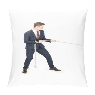 Personality  Young Stylish Businessman Pulling Rope Isolated On White Pillow Covers