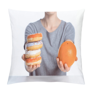 Personality  Cropped Shot Of Girl Holding Ripe Orange And Sweet Donuts Pillow Covers