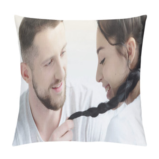 Personality  Happy Man Touching Braids Of Smiling Girlfriend At Home Pillow Covers
