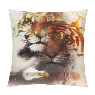Personality  Beautiful Painting Of Eagle And Tiger On An Color Abstract Background With Ornamental Pattern, With Spot Structures. Brown, Orange, Black And White Color. Pillow Covers