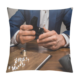 Personality  Cropped View Of Jewelry Appraiser Holding Box With Jewelry Ring Near Gemstones On Table On Grey Background Pillow Covers