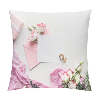 Personality  Top View Of Empty Card With Pink Envelope, Flowers, Cloth, Wrapped Gift, Scissors And Golden Wedding Rings On White Background Pillow Covers