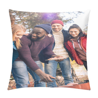 Personality  Smiling Friends Preparing Barbecue In Park Pillow Covers