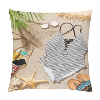 Personality  Top View Of Swimsuit And Various Female Accessories Lying On Sandy Beach Pillow Covers