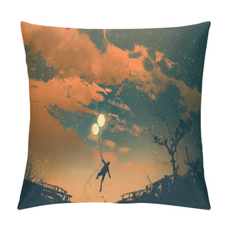 Personality  Man Flying With Balloon Lights At Sunset Pillow Covers