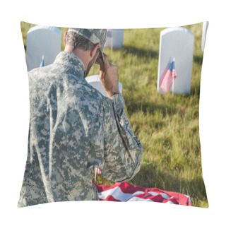 Personality  Back View Of Soldier In Camouflage Uniform Touching Cap While Sitting In Graveyard  Pillow Covers