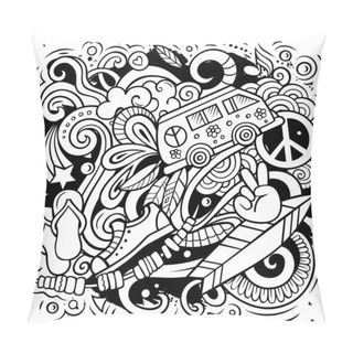 Personality  Hippie Vector Doodles Illustration. Hippy Design. Young People Elements And Objects Cartoon Background. Line Art Funny Picture. All Items Are Separated Pillow Covers