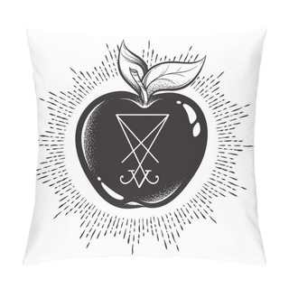Personality  Forbidden Fruit Apple From The Tree Of Knowledge With He Sigil Of Lucifer Isolated Hand Drawn Line Art And Dot Work Vector Illustration. Sticker, Print Or Blackwork Flash Tattoo Design Pillow Covers