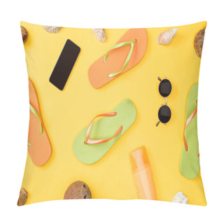 Personality  Top View Of Smartphone With Blank Screen, Sunglasses, Coconut, Flip Flops And Seashells On Yellow Background  Pillow Covers