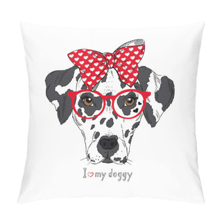 Personality  Hand Drawn Portrait Of Dalmatian Girl In Bow And Glasses, Valentine Greeting Card Pillow Covers