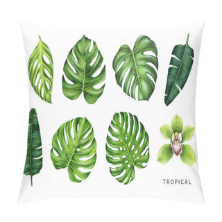 Personality  Tropical Set. Green Leaves And Orchid Flower.  Pillow Covers