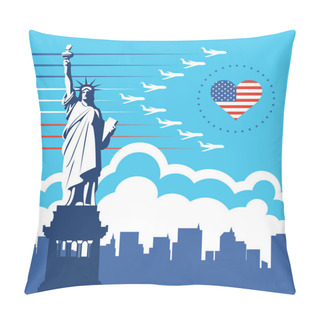 Personality Travel Banner With The Statue Of Liberty, Flying Planes And A Heart In Colors Of US Flag On The Background Of New York Skyscrapers. Vector Illustration In Flat Style With The Famous Symbol Of The USA Pillow Covers