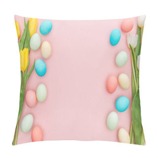 Personality  Top View Of Tulip Flowers And Pastel Easter Eggs Isolated On Pink Pillow Covers