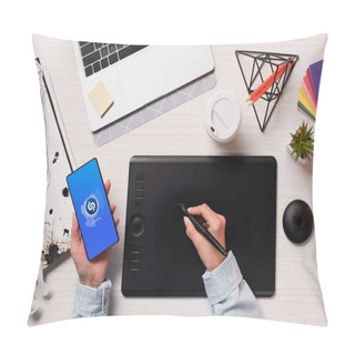 Personality  Cropped View Of Designer Using Graphics Tablet, Pen And Smartphone With Shazam App On Screen, Flat Lay Pillow Covers