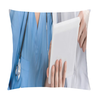 Personality  Cropped View Of Doctor And Nurse Using Digital Tablet In Clinic, Banner  Pillow Covers