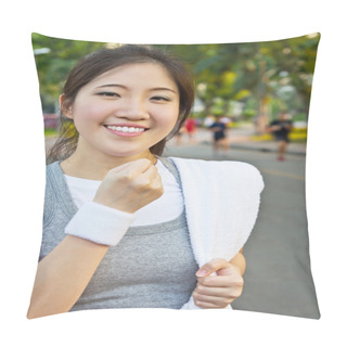 Personality  Happy Woman Showing A Fist Pillow Covers