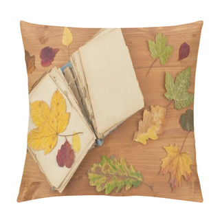 Personality  Dead Leaves And Old Book On Wooden Background. Autumn Romance. The Book Of Romantic Tales. Pillow Covers
