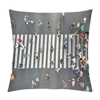 Personality  Aerial. People Crowd Motion On Pedestrian Crosswalk. Top View From Drone. Pillow Covers
