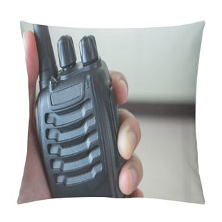 Personality  Hand Holding Radio Communication, Close Up. Pillow Covers