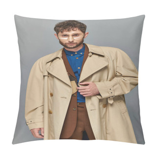 Personality  Outerwear, Trendy Man In Glasses And Trench Coat Posing On Grey Backdrop, Cozy Layers, Fall Fashion Pillow Covers