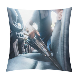 Personality  Cropped View Of Car Cleaner Vacuuming Drivers Seat In Car Pillow Covers