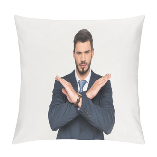 Personality  Serious Young Businessman Crossing Hands And Looking At Camera Isolated On Grey Pillow Covers