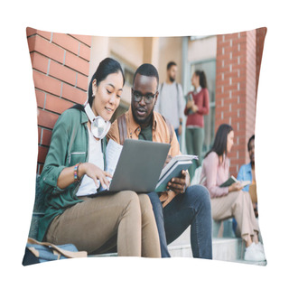 Personality  Happy Asian College Student And Her African American Friend Surfing The Net On Laptop While Relaxing Outdoors. Pillow Covers