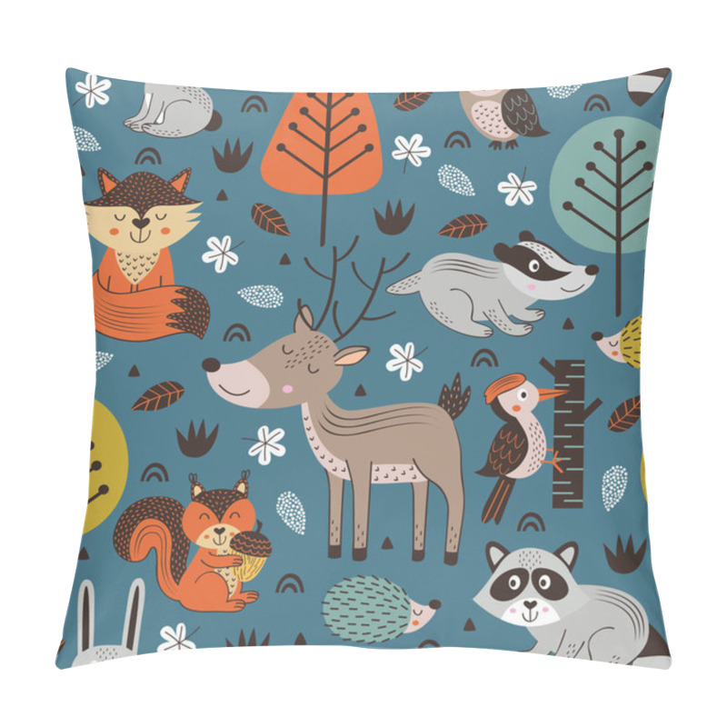 Personality  seamless pattern with forest animals on blue background Scandinavian style- vector illustration, eps pillow covers