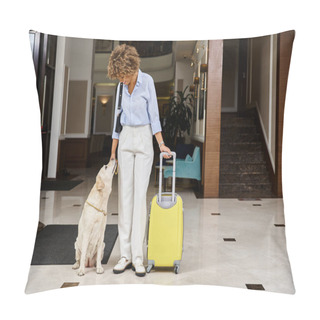 Personality  Happy Traveler With Her Labrador In A Pet-friendly Hotel Entrance, African American Woman And Dog Pillow Covers