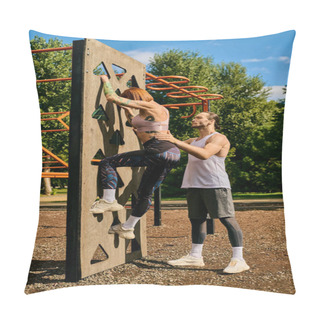 Personality  A Determined Woman, In Sportswear, Climbing An Outdoor Rock Wall With Personal Trainer, Showing Motivation And Teamwork. Pillow Covers