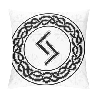 Personality  Rune Jera In A Circle - An Ancient Scandinavian Symbol Or Sign, Amulet. Viking Writing. Hand Drawn Outline Vector Illustration For Websites, Games, Print And Engraving. Pillow Covers